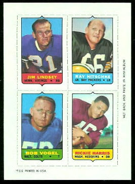 Jim Lindsey, Ray Nitschke, Bob Vogel, Rickie Harris 1969 Topps 4-in-1 football card