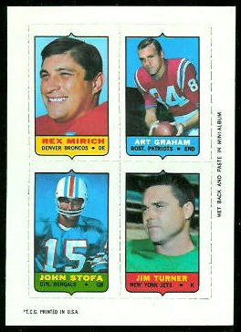 Rex Mirich, Art Graham, John Stofa, Jim Turner 1969 Topps 4-in-1 football card