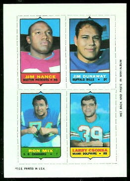 Jim Nance, Jim Dunaway, Ron Mix, Larry Csonka 1969 Topps 4-in-1 football card