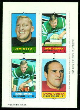 Jim Otto, Dave Herman, Dennis Randall, Dave Costa 1969 Topps 4-in-1 football card