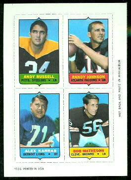 Andy Russell, Randy Johnson, Alex Karras, Bob Matheson 1969 Topps 4-in-1 football card