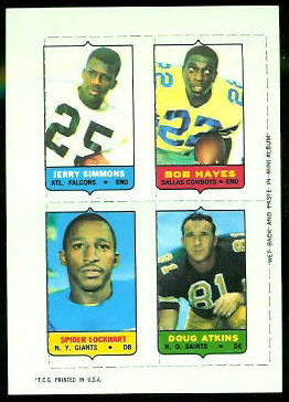 Jerry Simmons, Bob Hayes, Spider Lockhart, Doug Atkins 1969 Topps 4-in-1 football card