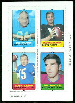 Bob Talamini, George Blanda, Jim Whalen, Jack Kemp 1969 Topps 4-in-1 football card