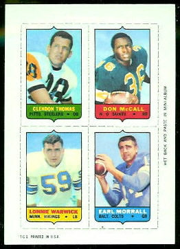 Clendon Thomas, Don McCall, Lonnie Warwick, Earl Morrall 1969 Topps 4-in-1 football card