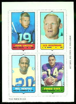 John Unitas, Les Josephson, Mel Renfro, Fred Cox 1969 Topps 4-in-1 football card