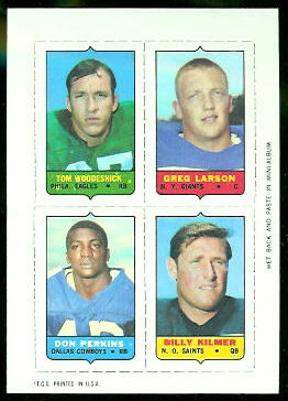 Tom Woodeshick, Greg Larson, Don Perkins, Bill Kilmer 1969 Topps 4-in-1 football card