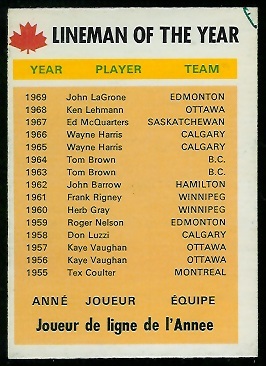 Lineman of the Year 1970 O-Pee-Chee CFL football card Lineman of the Year 1970 O-Pee-Chee CFL football card