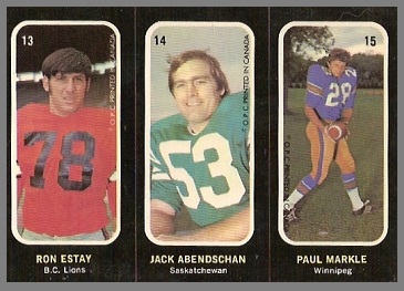 Ron Estay, Jack Abendschan, Paul Markle 1972 O-Pee-Chee Stickers football card