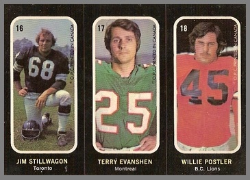 Jim Stillwagon, Terry Evanshen, Willie Postler 1972 O-Pee-Chee Stickers football card