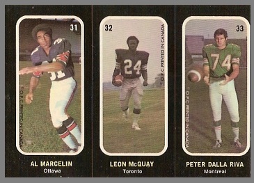 Al Marcelin, Leon McQuay, Peter Dalla Riva 1972 O-Pee-Chee Stickers football card Al Marcelin, Leon McQuay, Peter Dalla Riva 1972 O-Pee-Chee Stickers football card