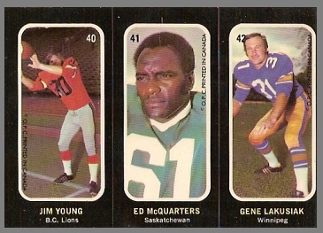 Jim Young, Ed McQuarters, Gene Lakusiak 1972 O-Pee-Chee Stickers football card