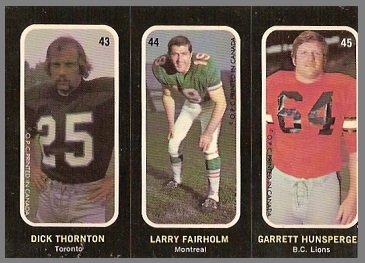 Dick Thornton, Larry Fairholm, Garrett Hunsperger 1972 O-Pee-Chee Stickers football card