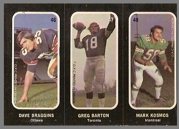 Dave Braggins, Greg Barton, Mark Kosmos 1972 O-Pee-Chee Stickers football card