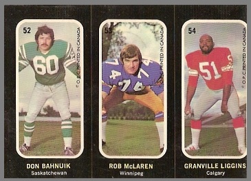 Don Bahnuik, Rob McLaren, Granville Liggins 1972 O-Pee-Chee Stickers football card Don Bahnuik, Rob McLaren, Granville Liggins 1972 O-Pee-Chee Stickers football card
