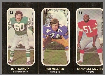 Don Bahnuik, Rob McLaren, Granville Liggins 1972 O-Pee-Chee Stickers football card