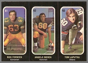 Ron Forwick, Angelo Mosca, Tom Laputka 1972 O-Pee-Chee Stickers football card Ron Forwick, Angelo Mosca, Tom Laputka 1972 O-Pee-Chee Stickers football card