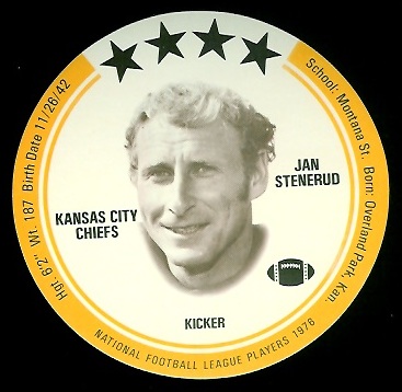 Jan Stenerud 1976 Buckmans Discs football card Jan Stenerud 1976 Buckmans Discs football card