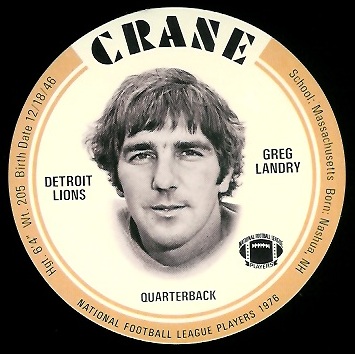 Greg Landry 1976 Crane Discs football card