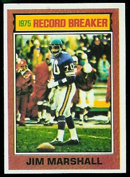 Jim Marshall: Record Breaker 1976 Topps football card Jim Marshall: Record Breaker 1976 Topps football card
