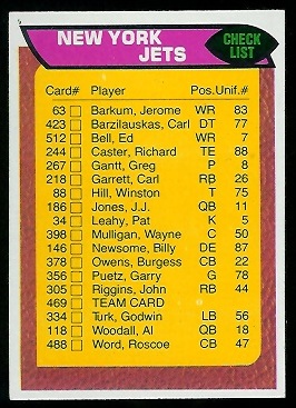 New York Jets checklist 1976 Topps football card