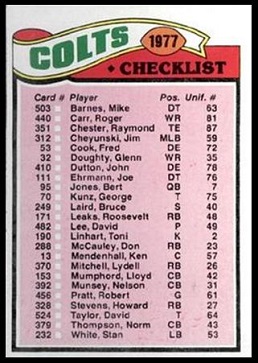 Baltimore Colts team checklist 1977 Topps football card