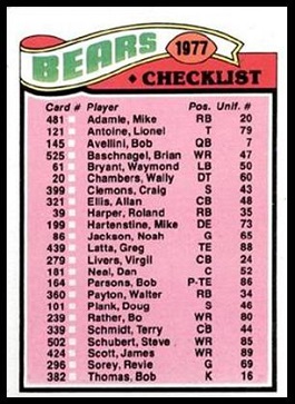Chicago Bears team checklist 1977 Topps football card