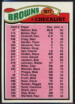 Cleveland Browns team checklist 1977 Topps football card