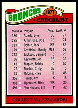 Denver Broncos team checklist 1977 Topps football card