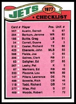 New York Jets team checklist 1977 Topps football card