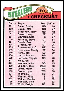 Pittsburgh Steelers team checklist 1977 Topps football card