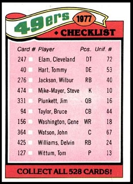 San Francisco 49ers team checklist 1977 Topps football card