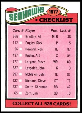Seattle Seahawks team checklist 1977 Topps football card
