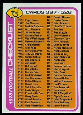 Checklist 397-528 1978 Topps football card