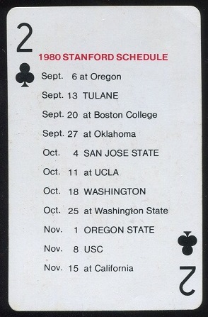 1980 Stanford Schedule 1979 Stanford Playing Cards football card