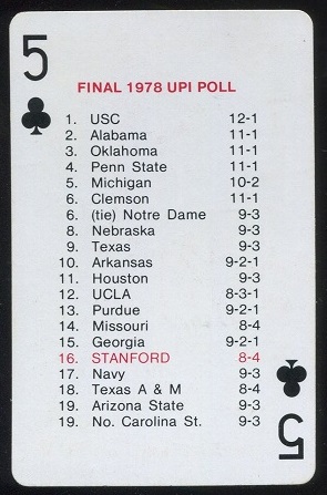 Final 1978 UPI Poll 1979 Stanford Playing Cards football card