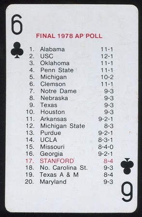 Final 1978 AP Poll 1979 Stanford Playing Cards football card
