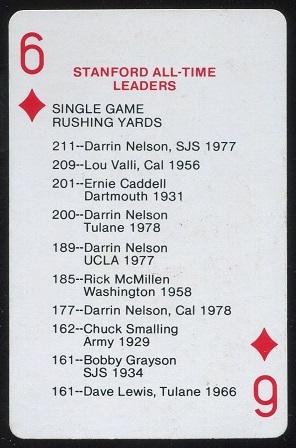 All-Time Leaders - Single Game Rushing Yards 1979 Stanford Playing Cards football card
