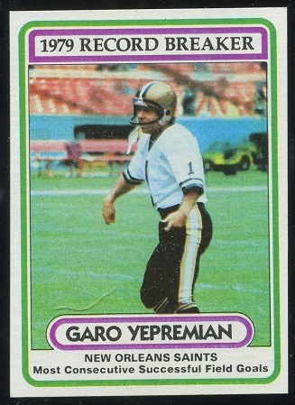 1979 Record Breaker: Garo Yepremian 1980 Topps football card