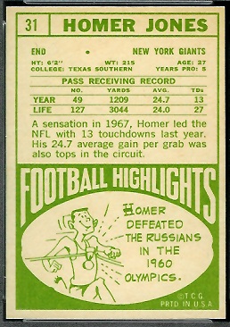 1968 Topps Homer Jones football card back